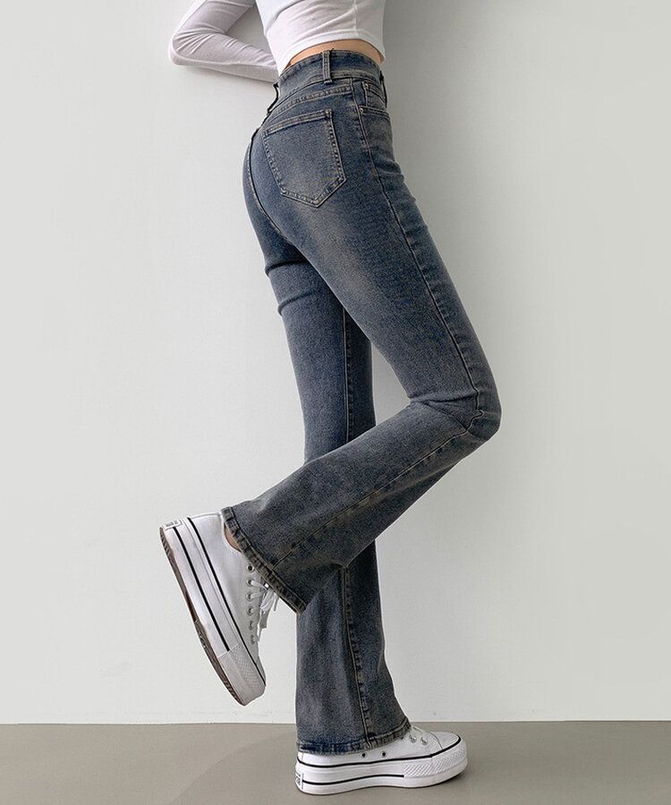 【SHORT/BASIC/LONG 丈別】ツーボタンビンテージブーツカットスパンデニムパンツ5色 DARK DENIM