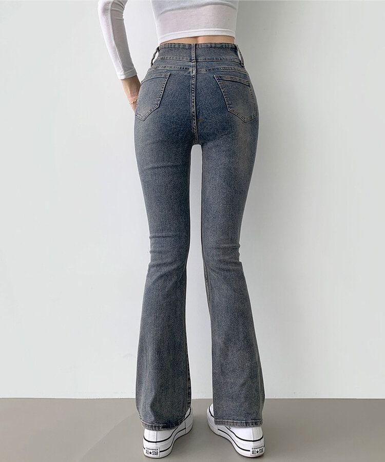 【SHORT/BASIC/LONG 丈別】ツーボタンビンテージブーツカットスパンデニムパンツ5色 DARK DENIM