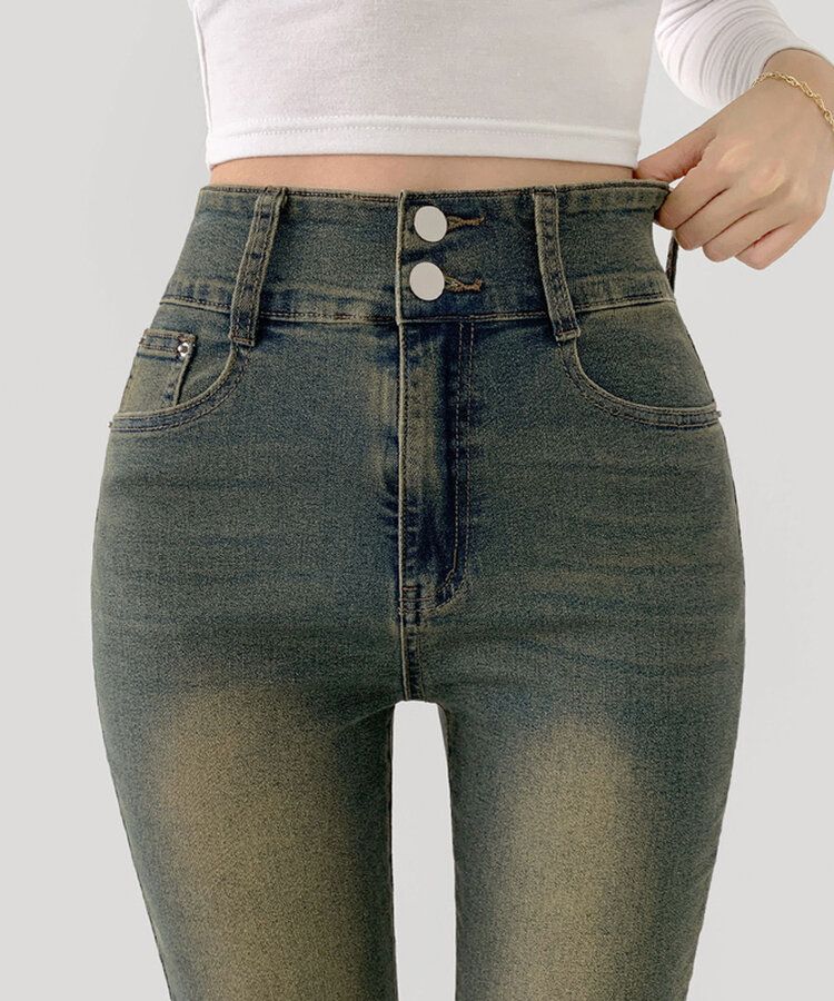 【SHORT/BASIC/LONG 丈別】ツーボタンビンテージブーツカットスパンデニムパンツ5色 Vintage Yellow