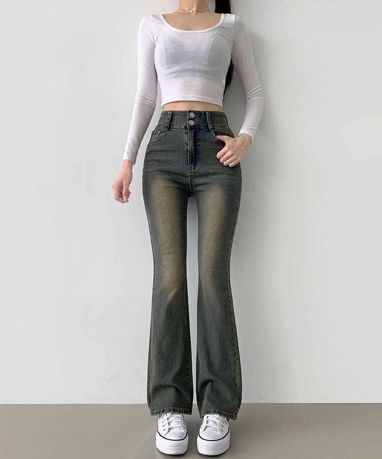 【SHORT/BASIC/LONG 丈別】ツーボタンビンテージブーツカットスパンデニムパンツ5色 Vintage Yellow