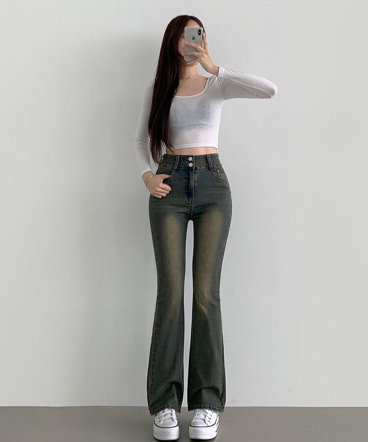 【SHORT/BASIC/LONG 丈別】ツーボタンビンテージブーツカットスパンデニムパンツ5色 Vintage Yellow