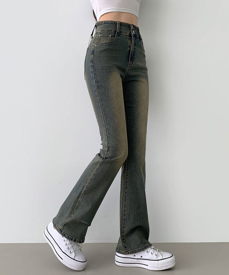 【SHORT/BASIC/LONG 丈別】ツーボタンビンテージブーツカットスパンデニムパンツ5色 Vintage Yellow