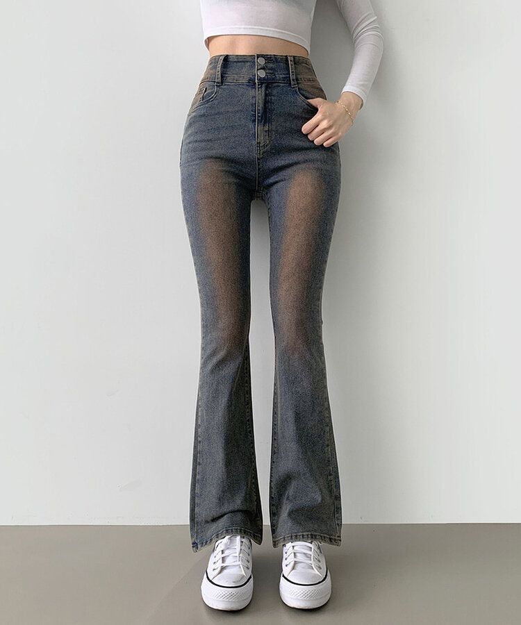 【SHORT/BASIC/LONG 丈別】ツーボタンビンテージブーツカットスパンデニムパンツ5色 VINTAGE RED