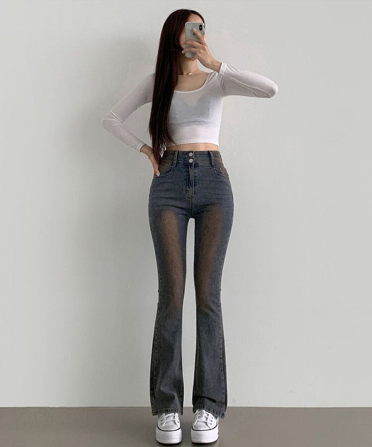 【SHORT/BASIC/LONG 丈別】ツーボタンビンテージブーツカットスパンデニムパンツ5色 VINTAGE RED