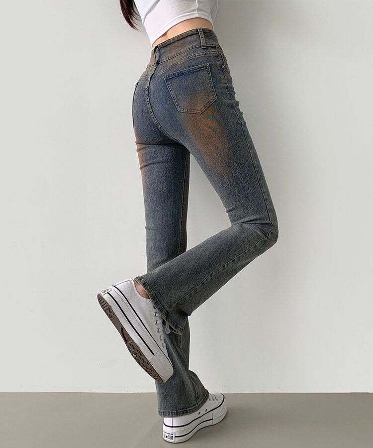 【SHORT/BASIC/LONG 丈別】ツーボタンビンテージブーツカットスパンデニムパンツ5色 VINTAGE RED