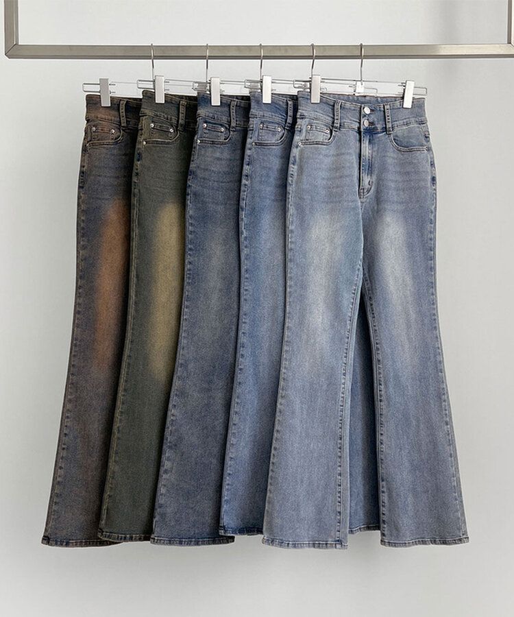 【SHORT/BASIC/LONG 丈別】ツーボタンビンテージブーツカットスパンデニムパンツ5色