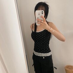 【カップ付き】ドットレーススリップキャミソール BLACK