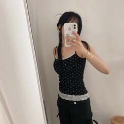 【カップ付き】ドットレーススリップキャミソール BLACK