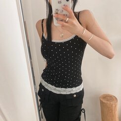 【カップ付き】ドットレーススリップキャミソール BLACK