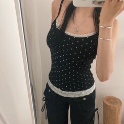 【カップ付き】ドットレーススリップキャミソール BLACK