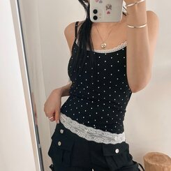 【カップ付き】ドットレーススリップキャミソール BLACK
