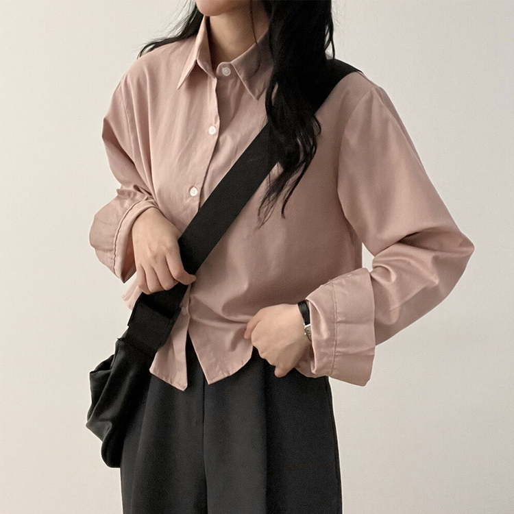 루즈 코튼 크롭셔츠 핑크