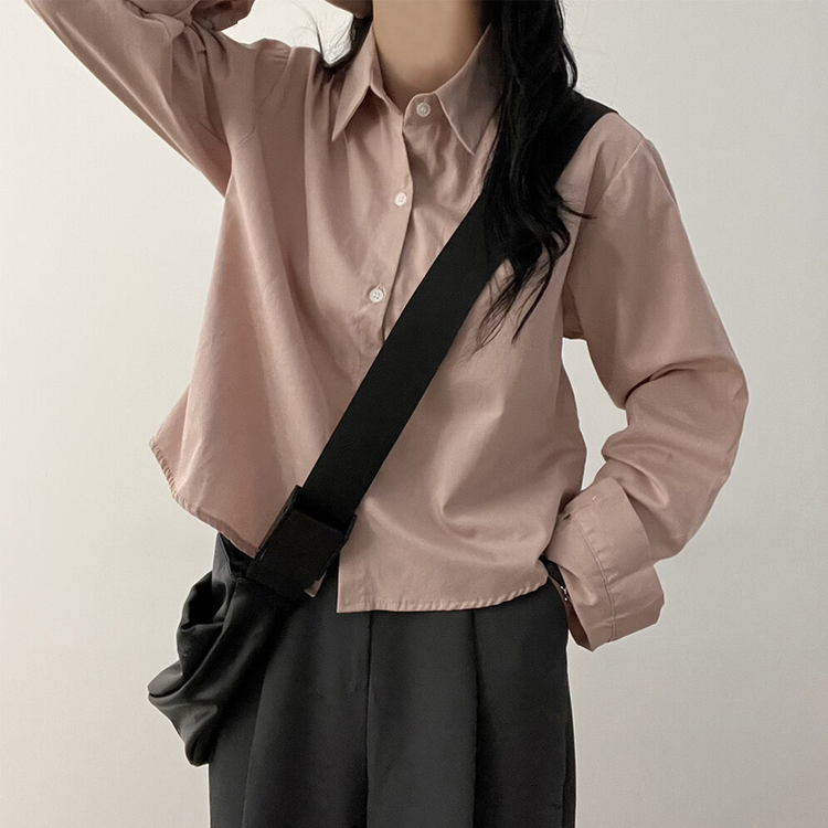 루즈 코튼 크롭셔츠 핑크