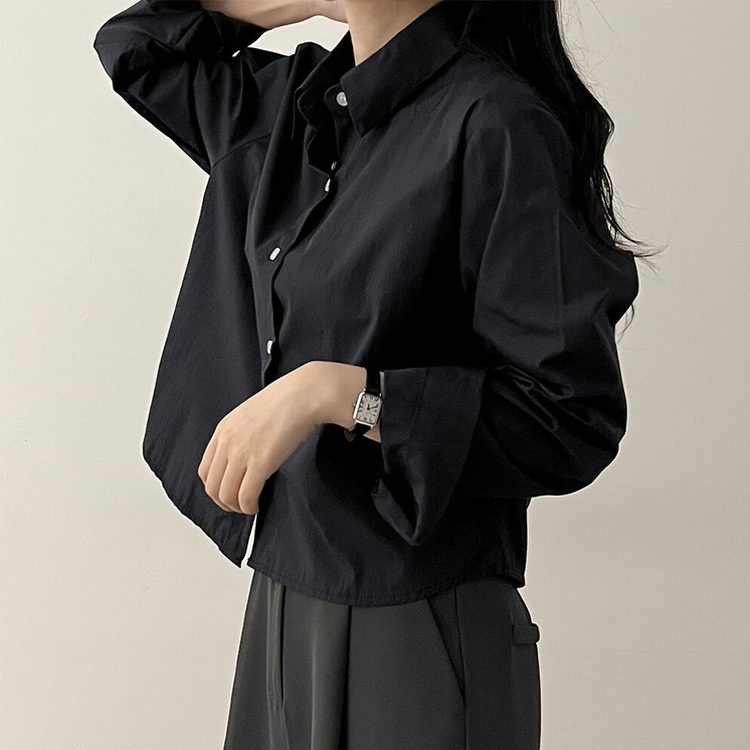 루즈 코튼 크롭셔츠 곤색