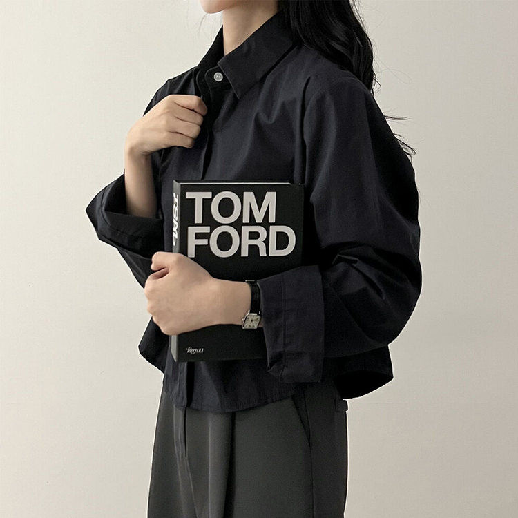 루즈 코튼 크롭셔츠 곤색