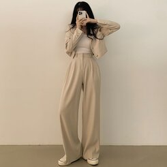 【SET】クロップジャケット ワイドピンタックスラックス BEIGE