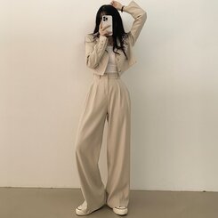 【SET】クロップジャケット ワイドピンタックスラックス BEIGE