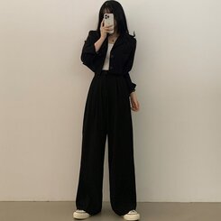 【SET】クロップジャケット ワイドピンタックスラックス BLACK