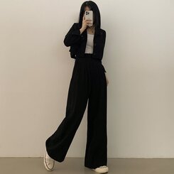 【SET】クロップジャケット ワイドピンタックスラックス BLACK