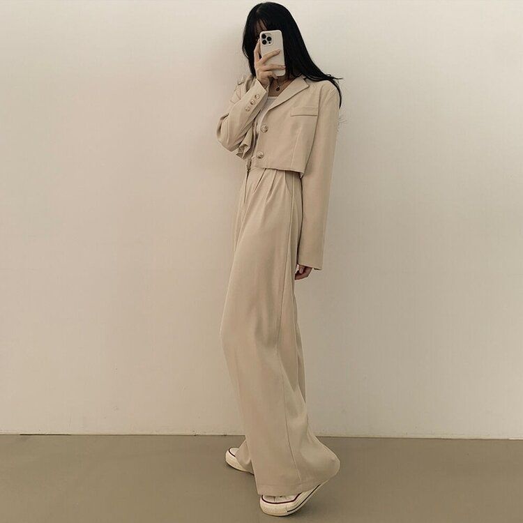 【SET】クロップジャケット ワイドピンタックスラックス BEIGE