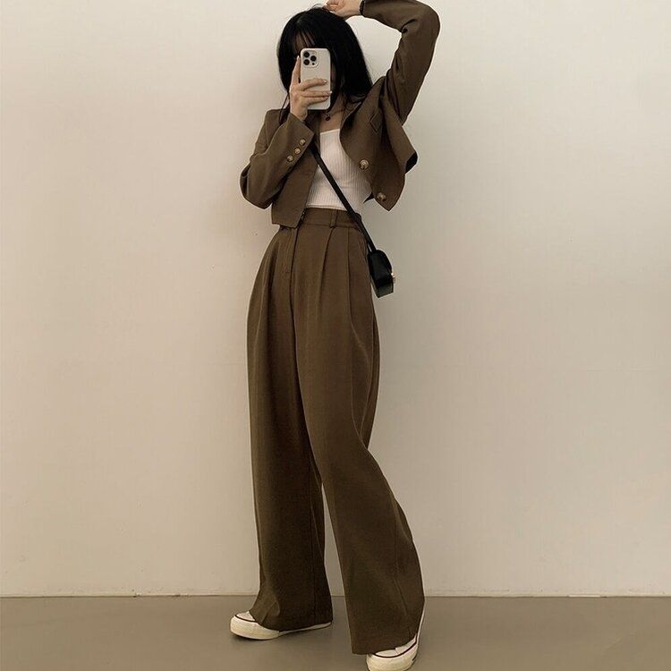 【SET】クロップジャケット ワイドピンタックスラックス CHESTNUT BROWN