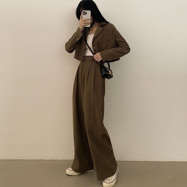 【SET】クロップジャケット ワイドピンタックスラックス CHESTNUT BROWN