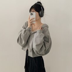 2WAYルーズフィットバルーンクロップフードジップアップ GRAY