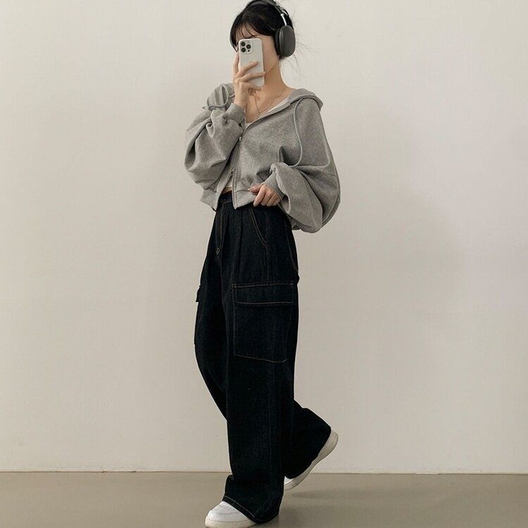 2WAYルーズフィットバルーンクロップフードジップアップ GRAY