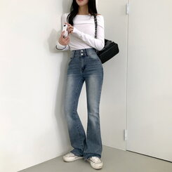 【SHORT/BASIC/LONG 丈別】ボリュームウォッシングツーボタンスパンジーンズ5色 LIGHT DENIM