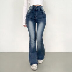 【SHORT/BASIC/LONG 丈別】ボリュームウォッシングツーボタンスパンジーンズ5色 DARK BLUE