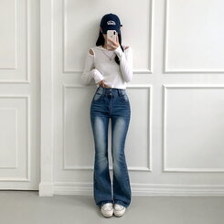 【SHORT/BASIC/LONG 丈別】ボリュームウォッシングツーボタンスパンジーンズ5色 DARK BLUE