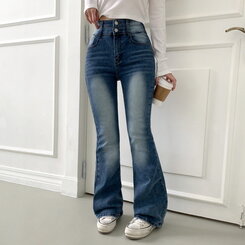 【SHORT/BASIC/LONG 丈別】ボリュームウォッシングツーボタンスパンジーンズ5色 DARK BLUE