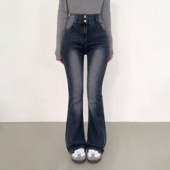 【SHORT/BASIC/LONG 丈別】ボリュームウォッシングツーボタンスパンジーンズ5色 DEEP BLUE