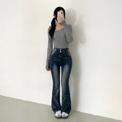 【SHORT/BASIC/LONG 丈別】ボリュームウォッシングツーボタンスパンジーンズ5色 DEEP BLUE