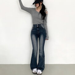 【SHORT/BASIC/LONG 丈別】ボリュームウォッシングツーボタンスパンジーンズ5色 DEEP BLUE