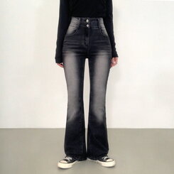 【SHORT/BASIC/LONG 丈別】ボリュームウォッシングツーボタンスパンジーンズ5色 BLACK DENIM