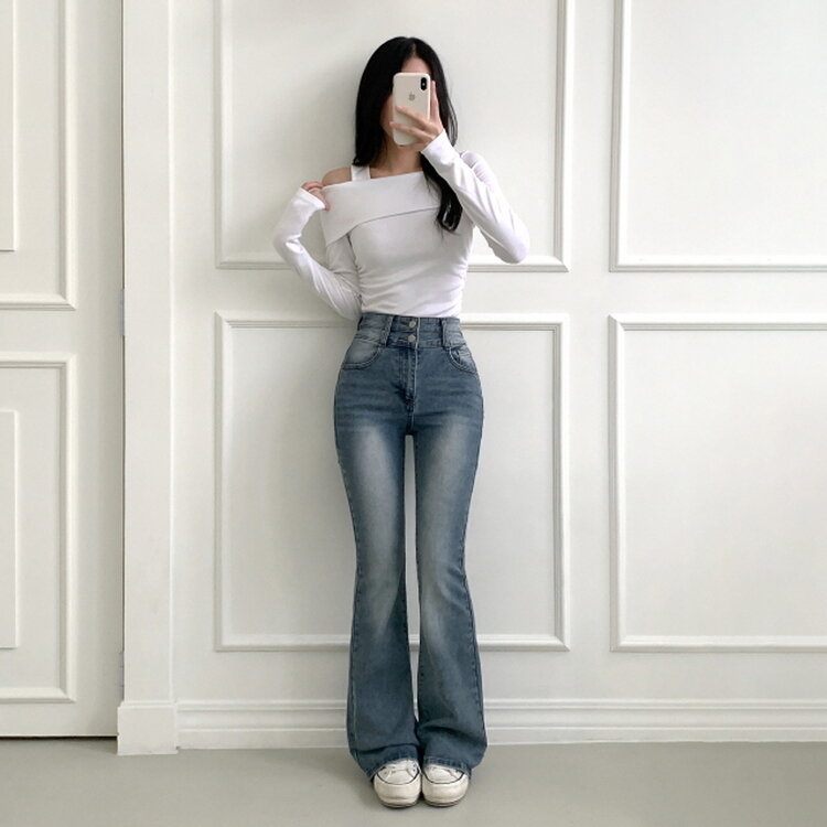 【SHORT/BASIC/LONG 丈別】ボリュームウォッシングツーボタンスパンジーンズ5色 LIGHT DENIM