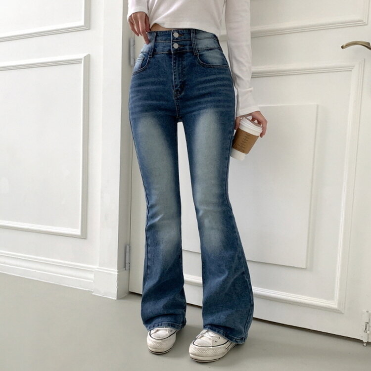 【SHORT/BASIC/LONG 丈別】ボリュームウォッシングツーボタンスパンジーンズ5色 DARK BLUE