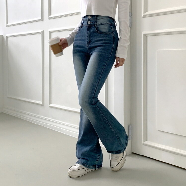 【SHORT/BASIC/LONG 丈別】ボリュームウォッシングツーボタンスパンジーンズ5色 DARK BLUE