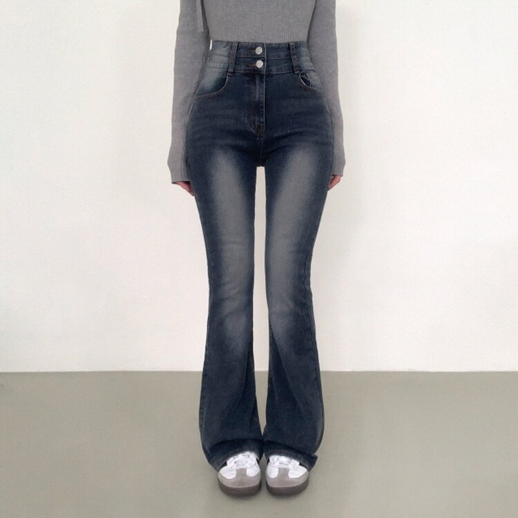 【SHORT/BASIC/LONG 丈別】ボリュームウォッシングツーボタンスパンジーンズ5色 DEEP BLUE