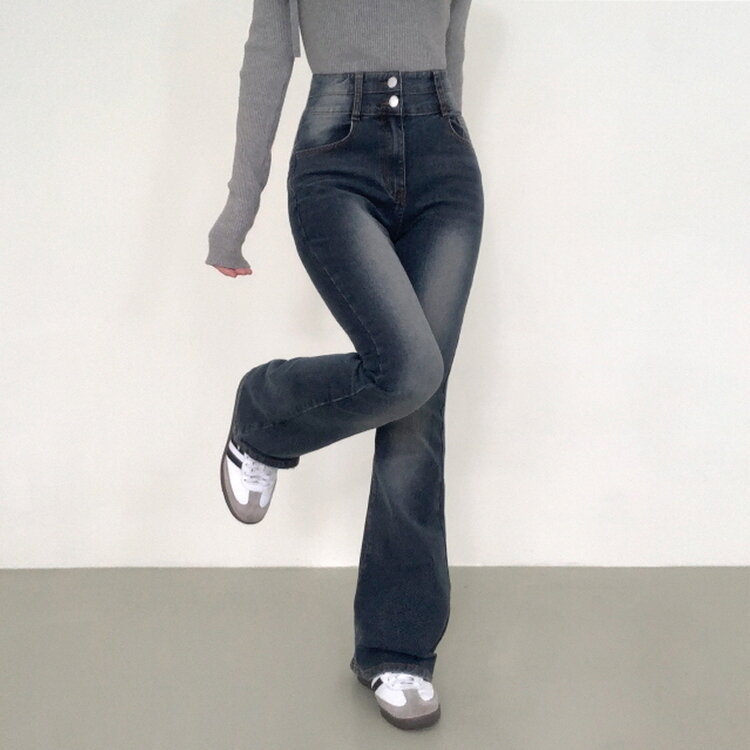 【SHORT/BASIC/LONG 丈別】ボリュームウォッシングツーボタンスパンジーンズ5色 DEEP BLUE