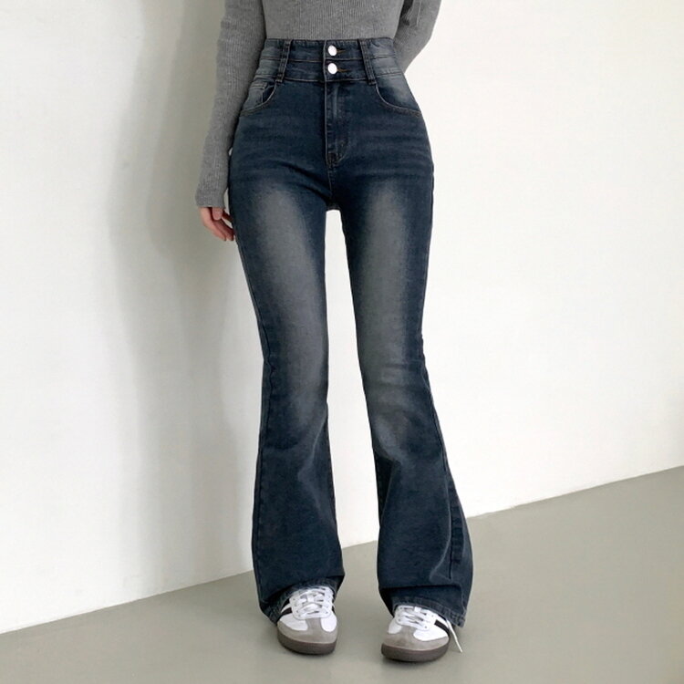 【SHORT/BASIC/LONG 丈別】ボリュームウォッシングツーボタンスパンジーンズ5色 DEEP BLUE