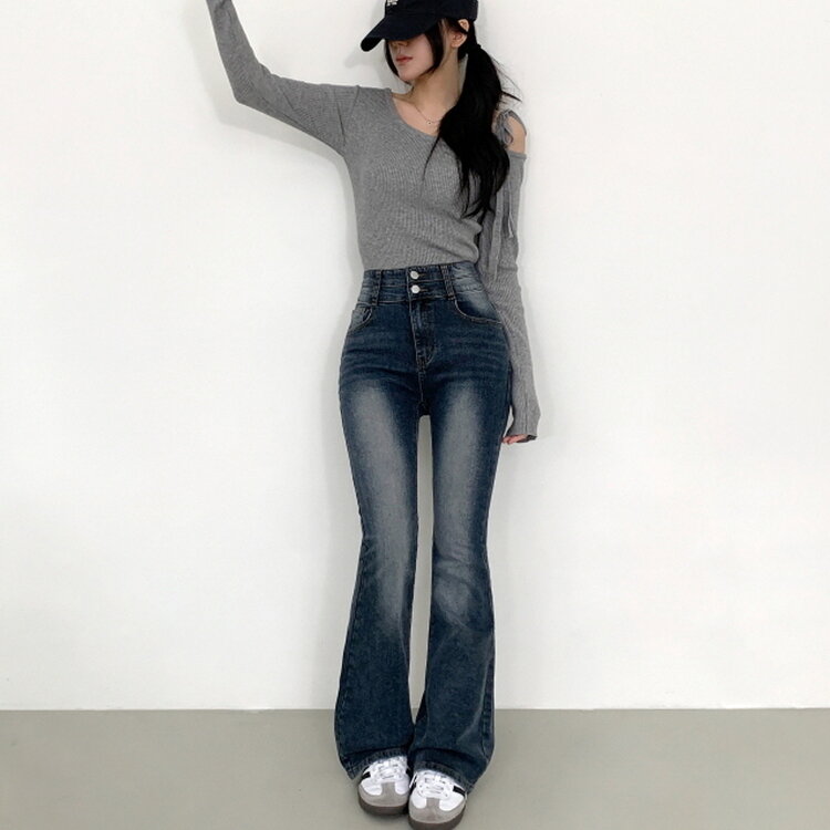 【SHORT/BASIC/LONG 丈別】ボリュームウォッシングツーボタンスパンジーンズ5色 DEEP BLUE