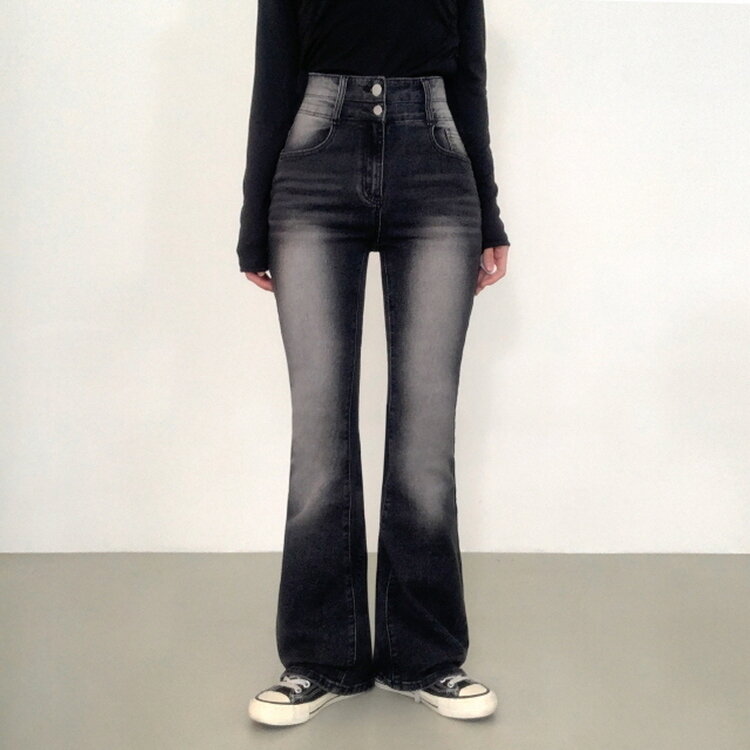 【SHORT/BASIC/LONG 丈別】ボリュームウォッシングツーボタンスパンジーンズ5色 BLACK DENIM