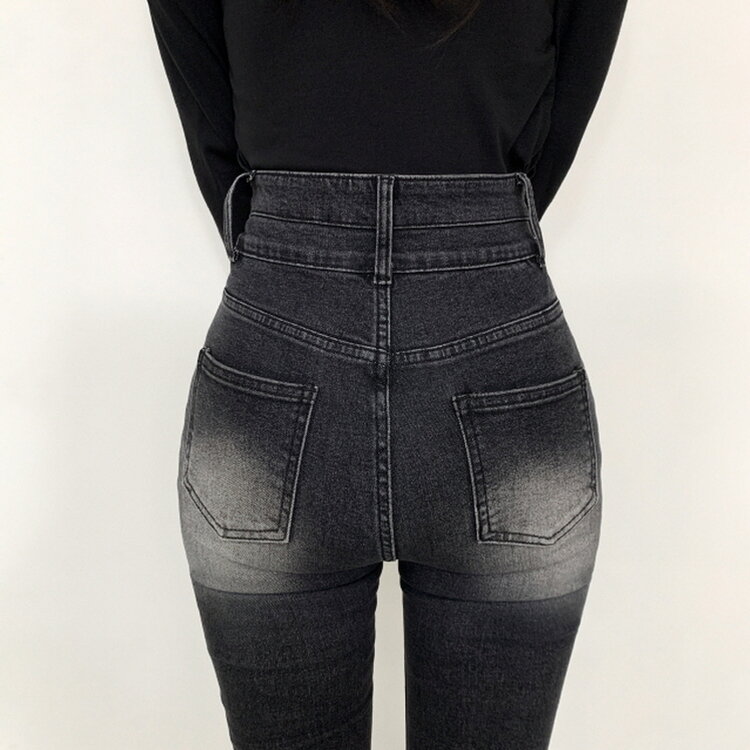【SHORT/BASIC/LONG 丈別】ボリュームウォッシングツーボタンスパンジーンズ5色 BLACK DENIM