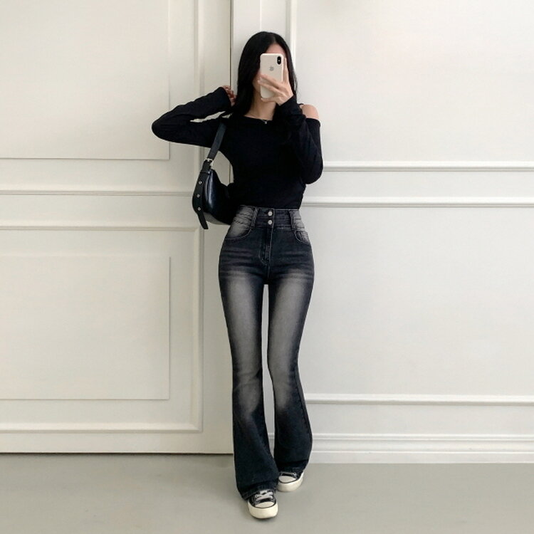 【SHORT/BASIC/LONG 丈別】ボリュームウォッシングツーボタンスパンジーンズ5色 BLACK DENIM