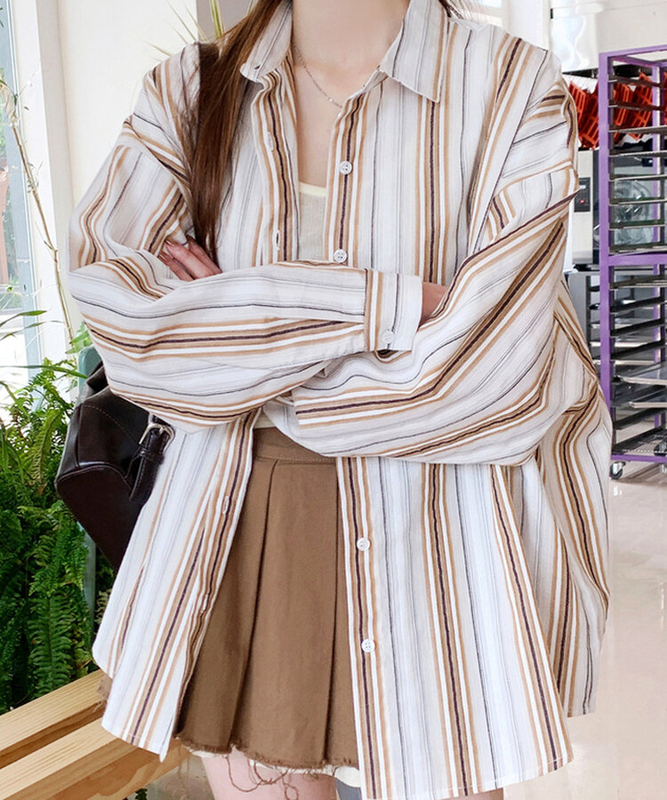 シャツ ストライプルーズフィットシャツ BROWN