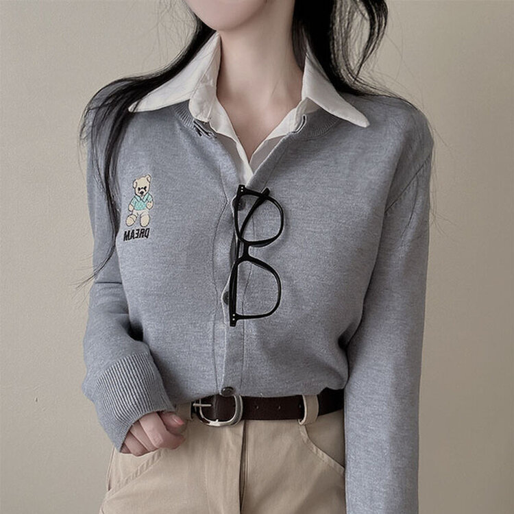 SGD22331 クマ刺繍ラウンドデイリー長袖ニットカーディガン SGD22331 クマ刺繍ラウンドデイリー長袖ニットカーディガン