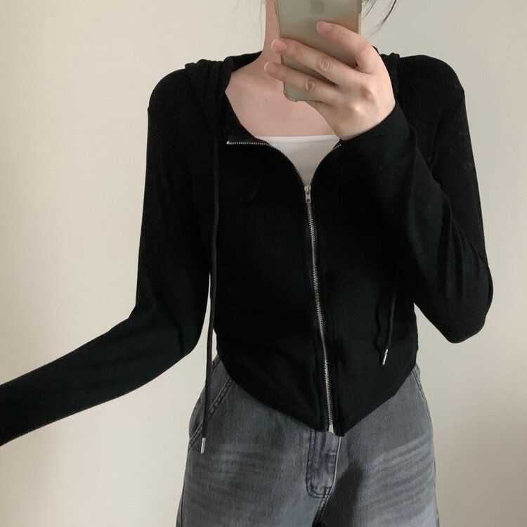 リブポケットパーカーフードジップアップ BLACK