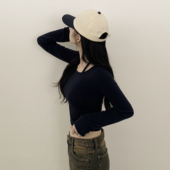 バレエコアスリムUネックリボンクロップ長袖Tシャツ NAVY